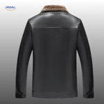 Back view of black leather jacket showing fur collar and fit.