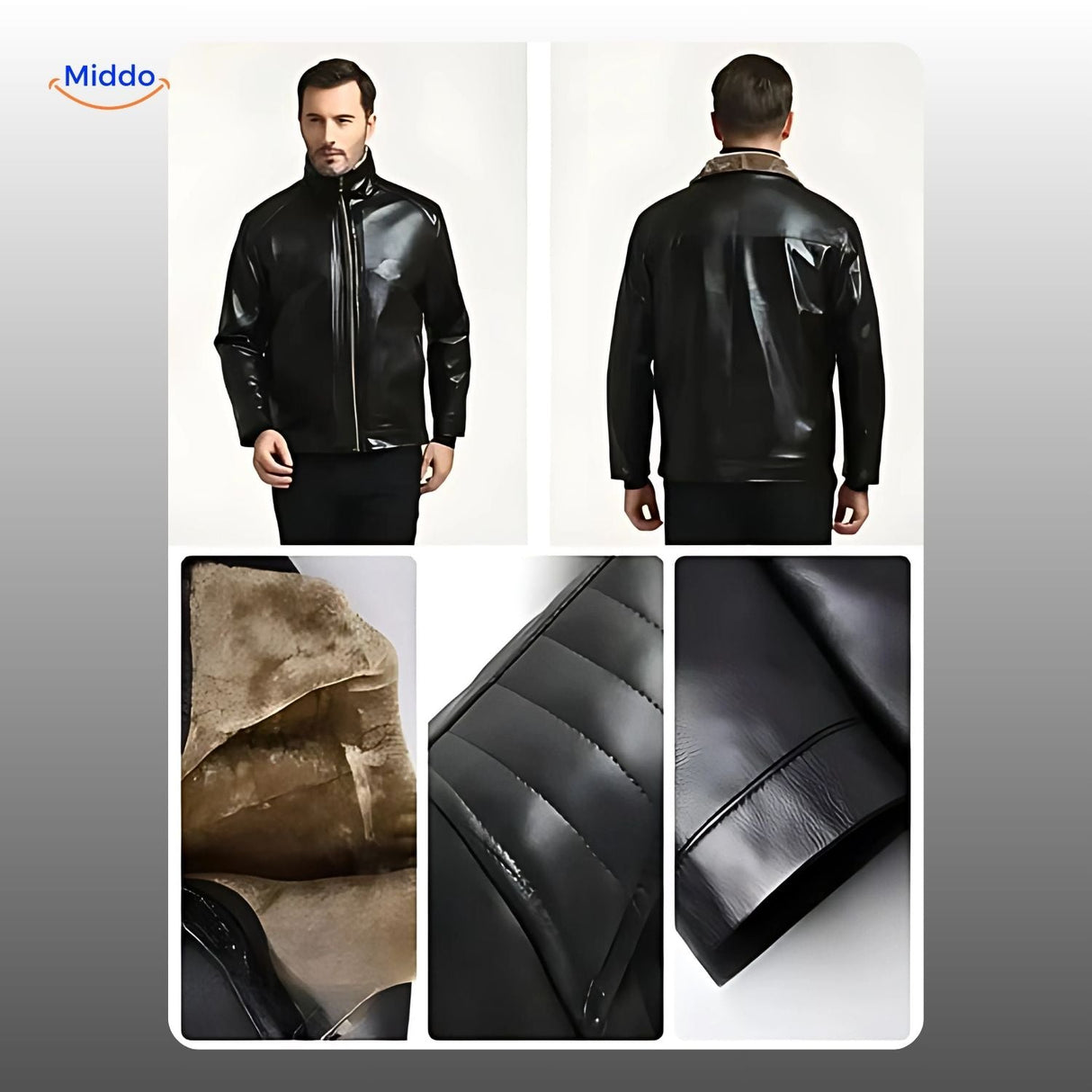 Leather jacket front and back detail showcasing fur collar and craftsmanship.