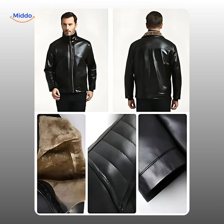 Leather jacket front and back detail showcasing fur collar and craftsmanship.