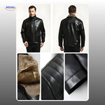 Leather jacket front and back detail showcasing fur collar and craftsmanship.