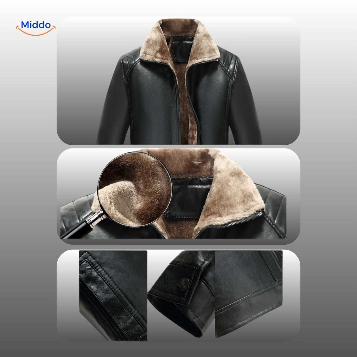 Close-up of fur collar and leather craftsmanship on premium jacket.