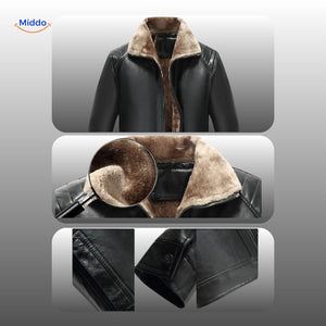 Close-up of fur collar and leather craftsmanship on premium jacket.