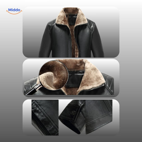 Close-up of fur collar and leather craftsmanship on premium jacket.