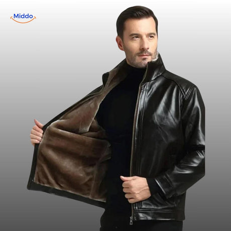 Black leather jacket with luxe fur-lined collar and interior.
