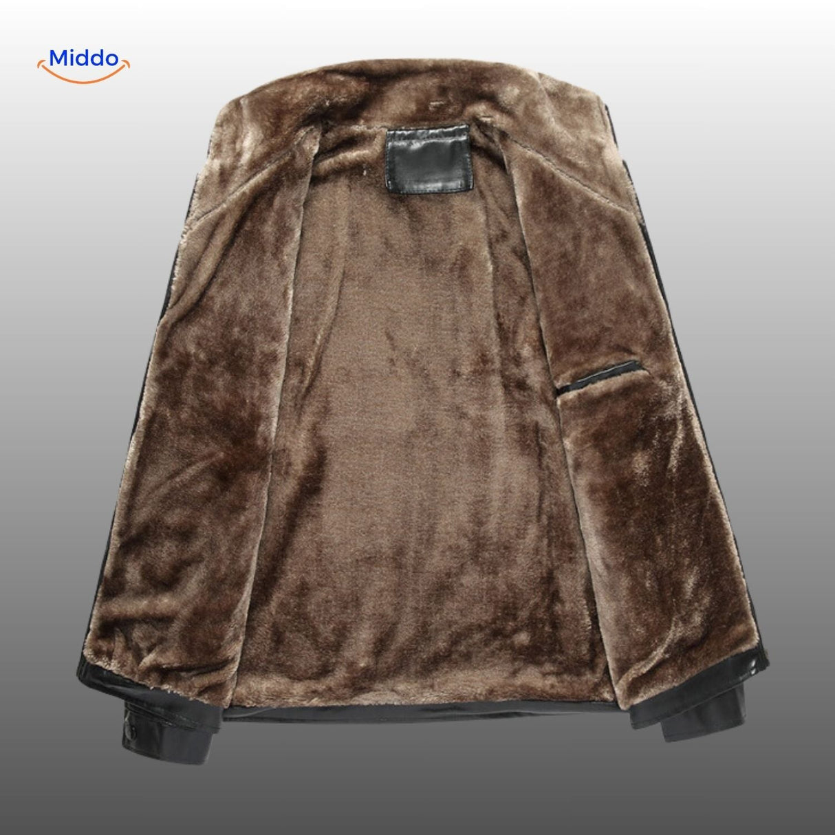 Interior view of leather jacket showing plush fur lining for warmth.