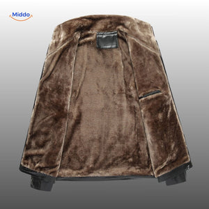 Interior view of leather jacket showing plush fur lining for warmth.