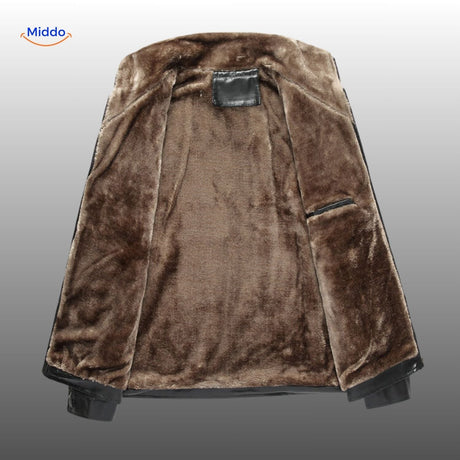 Interior view of leather jacket showing plush fur lining for warmth.