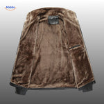 Interior view of leather jacket showing plush fur lining for warmth.