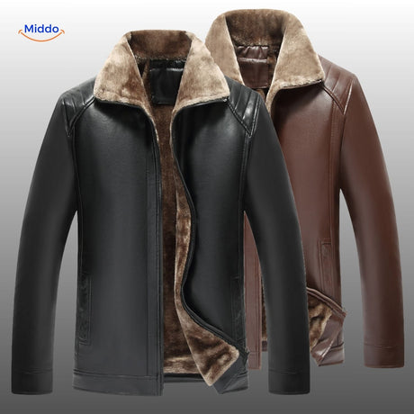 Luxury leather jacket collection in brown and black with fur lining.