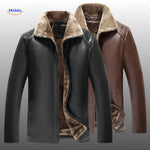 Luxury leather jacket collection in brown and black with fur lining.