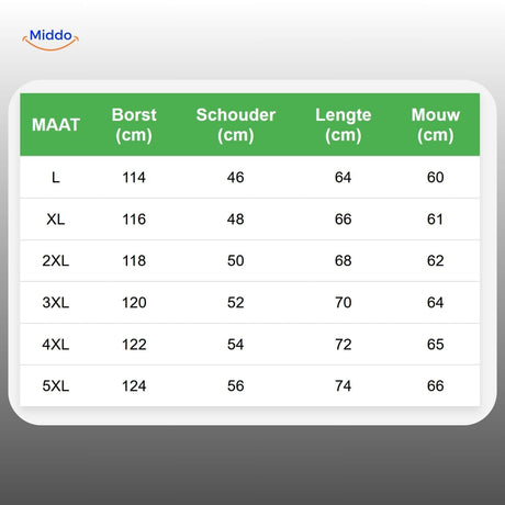 Size chart for leather jacket with chest, shoulder, length measurements.