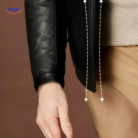Close-up of leather jacket sleeves, pockets, and premium stitching.
