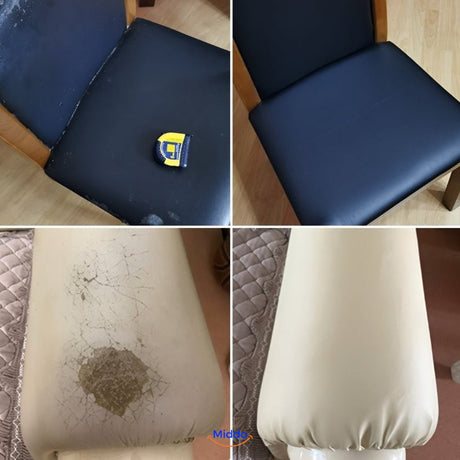 Leather patch effectively fixes tears and scratches on upholstered furniture.