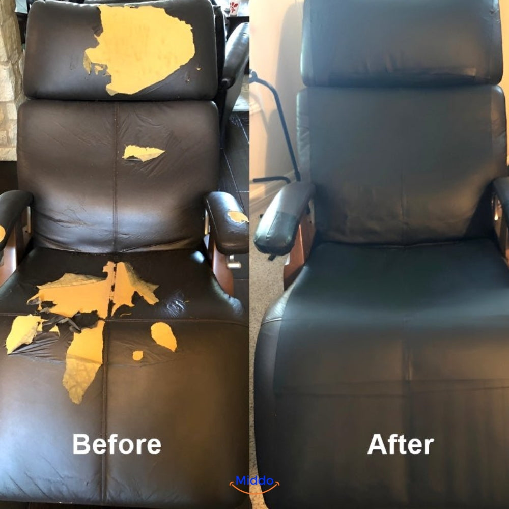 Self-adhesive leather patch applied to repair torn and scratched upholstery.