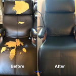 Self-adhesive leather patch applied to repair torn and scratched upholstery.