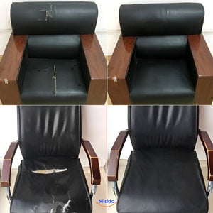 Leather repair patch installation process on damaged furniture surface.