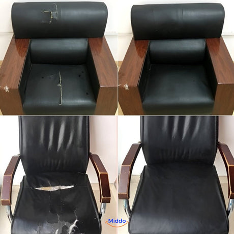 Leather repair patch installation process on damaged furniture surface.