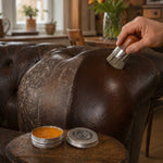 Leather and wood scratch remover balm with brush, front-facing product view.