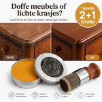 Leather and wood balm scratch remover kit with applicator brush on clean white background.