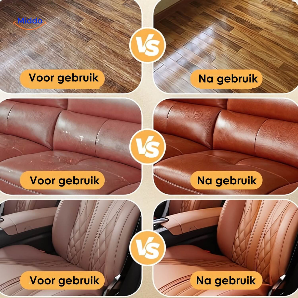 Leather and wood balm shown across multiple versatile furniture and accessory applications.