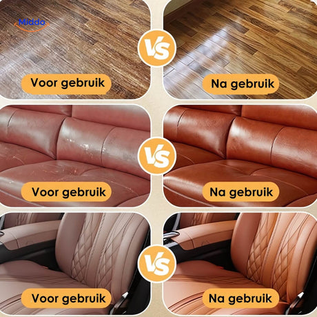 Leather and wood balm shown across multiple versatile furniture and accessory applications.