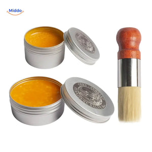 Ultimate leather and wood balm scratch remover complete set with brush, hero product shot.