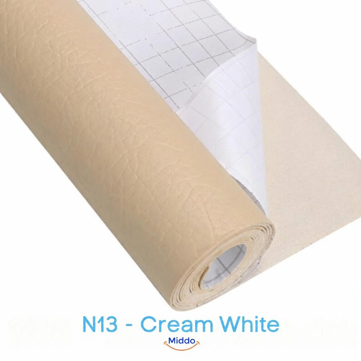 LeatherRestore self-adhesive faux leather repair patch in N13 - Cream White, showing the textured surface and backing.