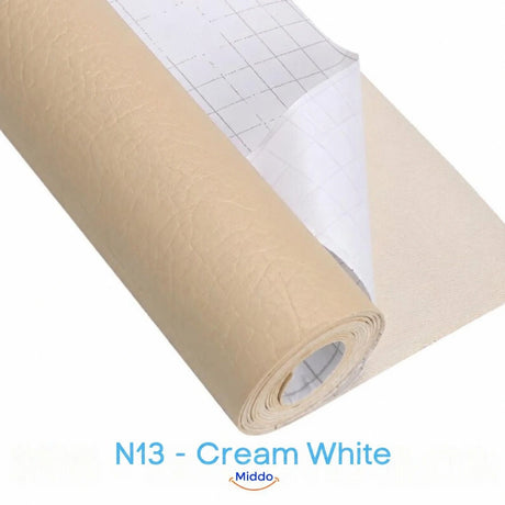 LeatherRestore self-adhesive faux leather repair patch in N13 - Cream White, showing the textured surface and backing.