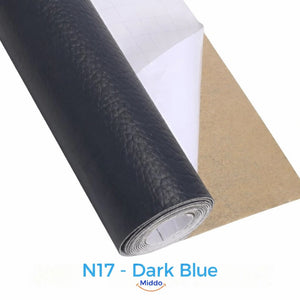 LeatherRestore self-adhesive faux leather repair patch in N17 - Dark Blue, showing the textured surface and backing.