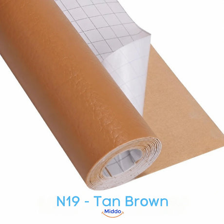 LeatherRestore self-adhesive faux leather repair patch in N19 - Tan Brown, showing the textured surface and backing.
