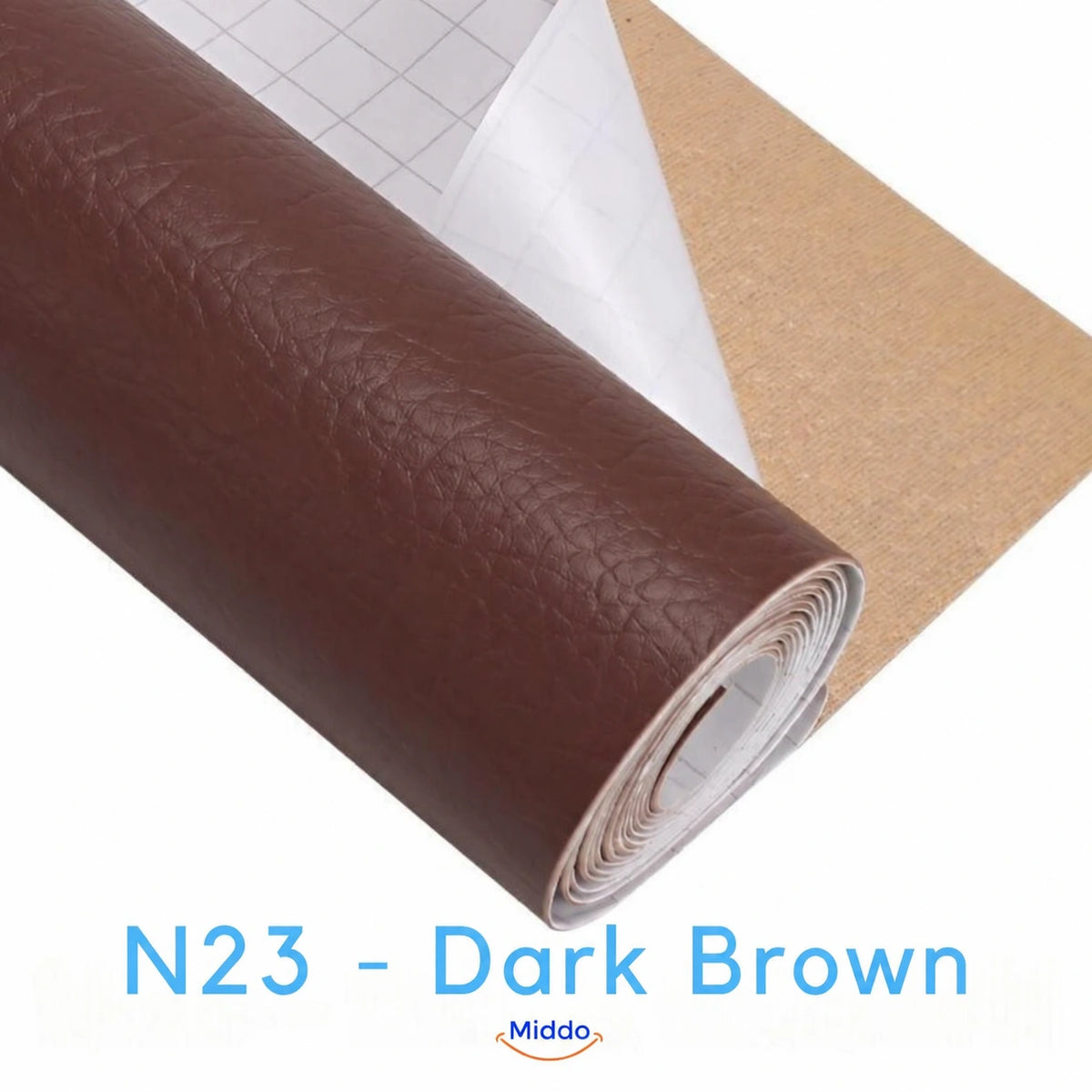 LeatherRestore self-adhesive faux leather repair patch in N23 - Dark Brown, showing the textured surface and backing.