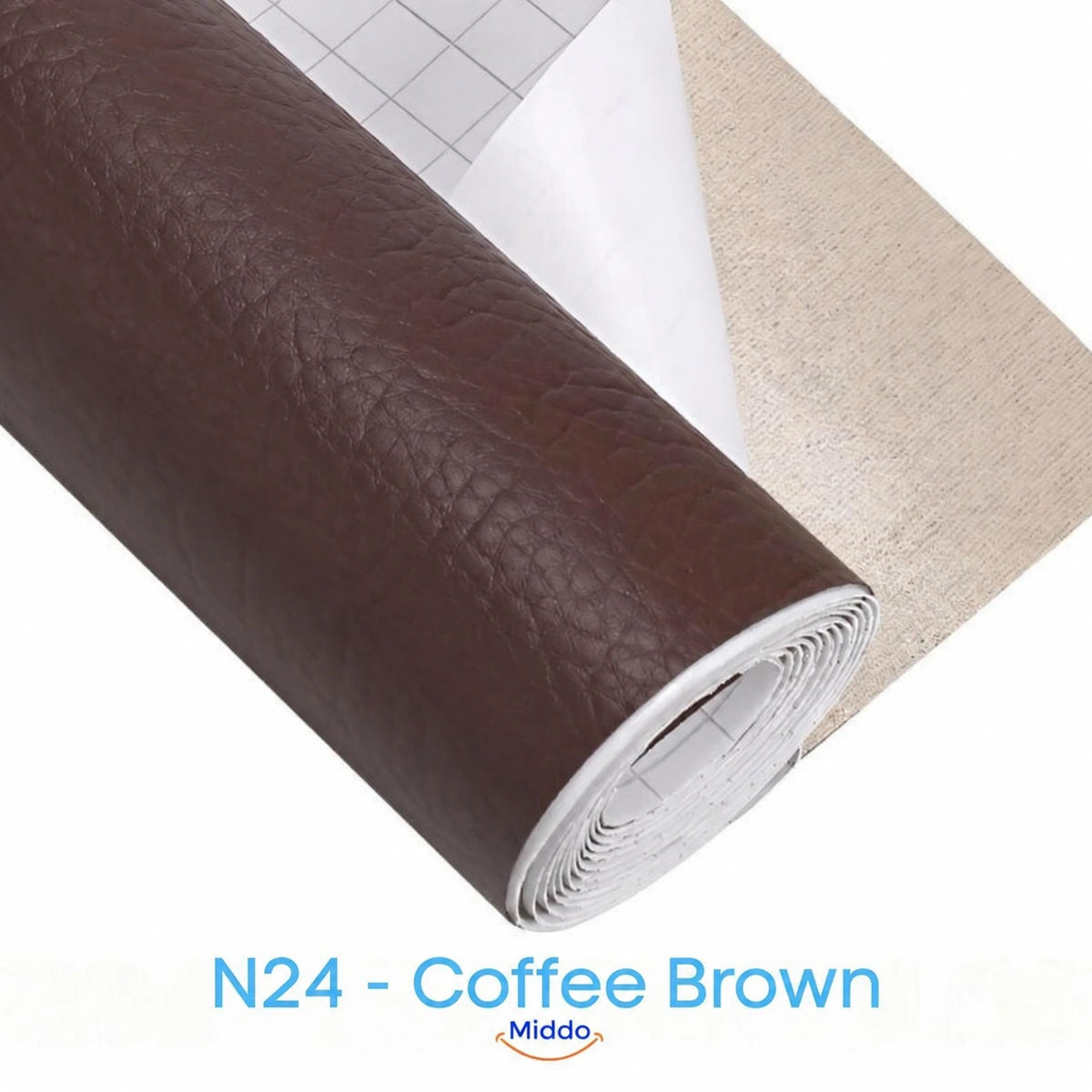 LeatherRestore self-adhesive faux leather repair patch in N24 - Coffee Brown, showing the textured surface and backing.