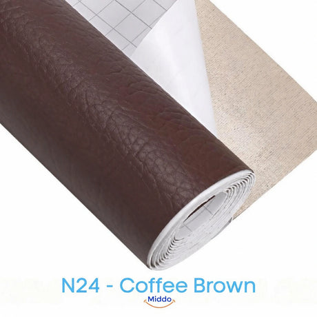 LeatherRestore self-adhesive faux leather repair patch in N24 - Coffee Brown, showing the textured surface and backing.