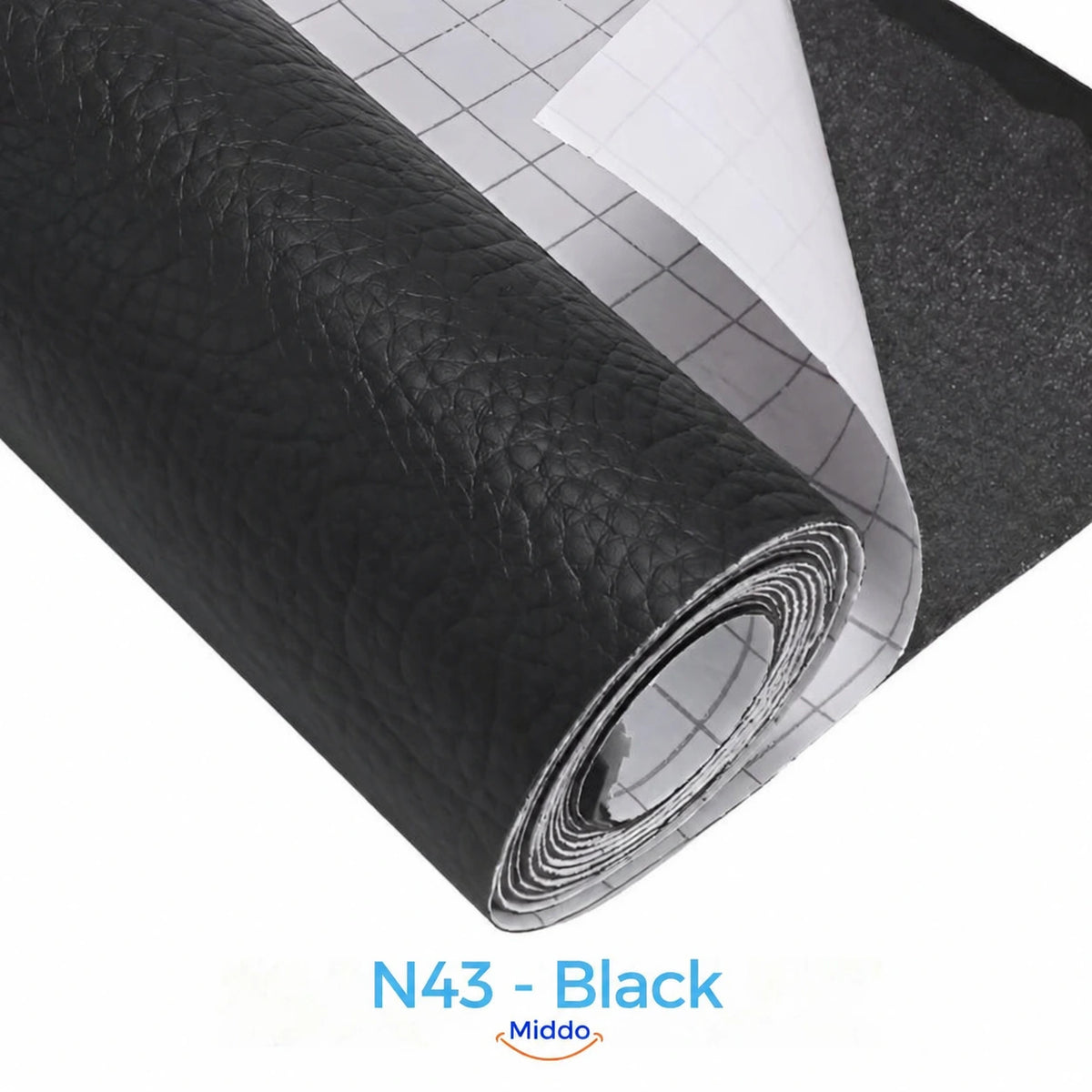 LeatherRestore self-adhesive faux leather repair patch in N43 - Black, showing the textured surface and backing.