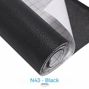 LeatherRestore self-adhesive faux leather repair patch in N43 - Black, showing the textured surface and backing.