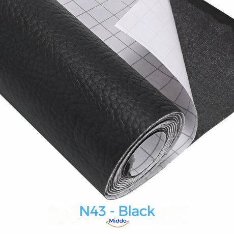 LeatherRestore self-adhesive faux leather repair patch in N43 - Black, showing the textured surface and backing.