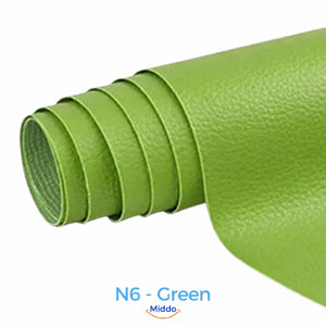 LeatherRestore self-adhesive faux leather repair patch in N6 - Green, showing the textured surface and backing.