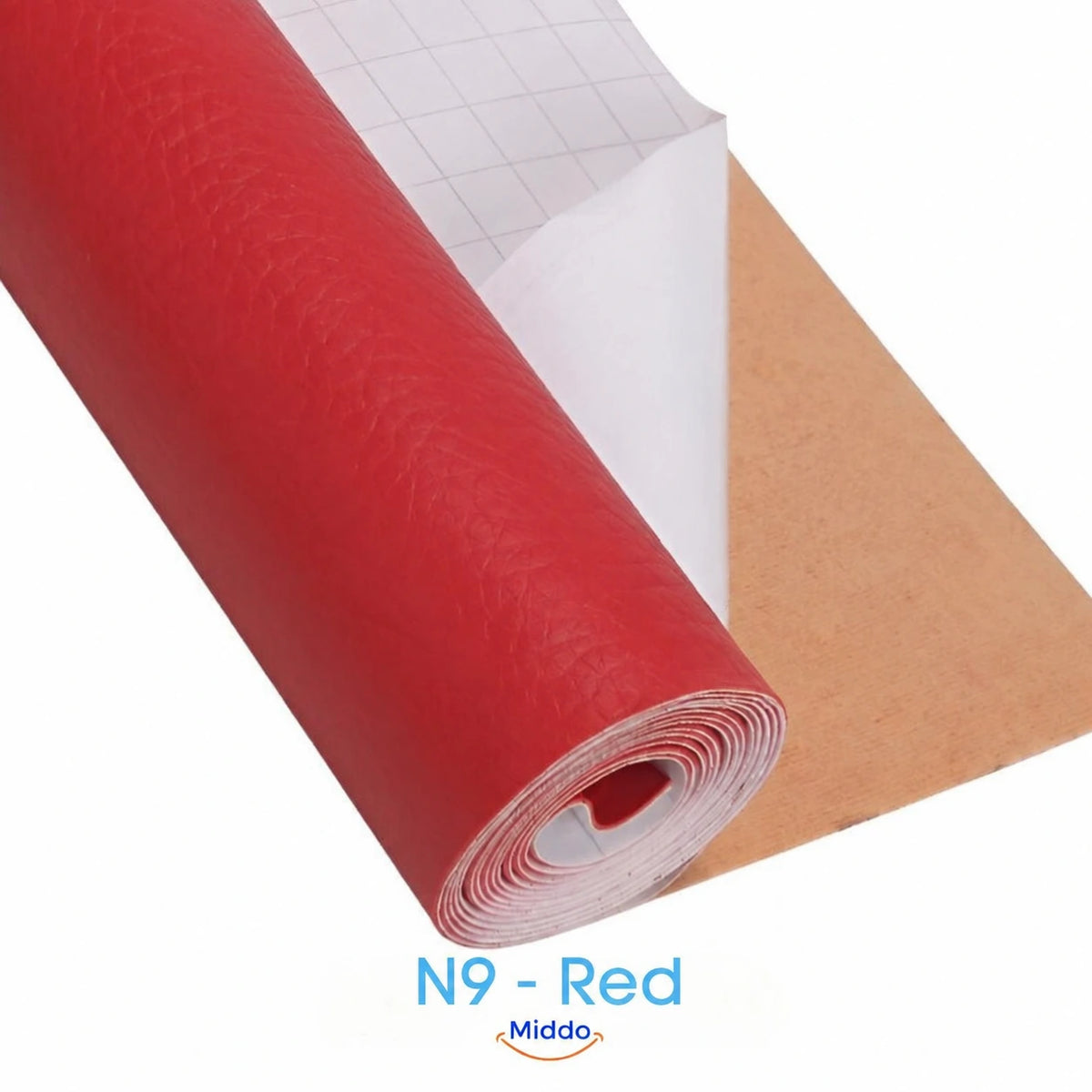 LeatherRestore self-adhesive faux leather repair patch in N9 - Red, showing the textured surface and backing.