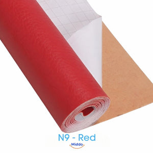 LeatherRestore self-adhesive faux leather repair patch in N9 - Red, showing the textured surface and backing.