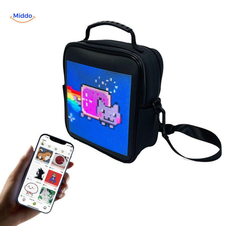 LED backpack with cute cat design and smartphone-compatible smart display.