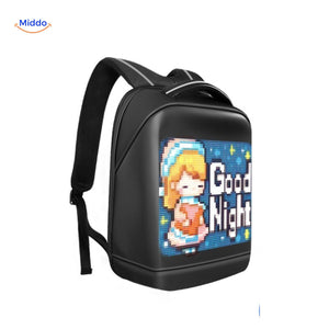 LED backpack featuring trendy pixel art girl design with smart display screen.