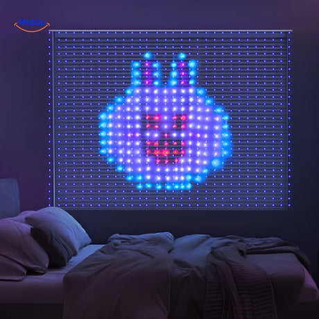 LED curtain with animated light display for indoor and outdoor use.