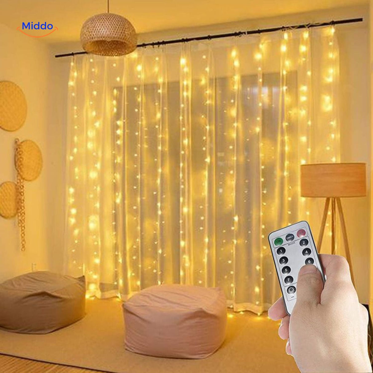 LED curtain light with colorful effects and remote control display.