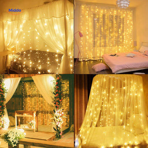 LED curtain lights installed in multiple rooms showing various color effects.