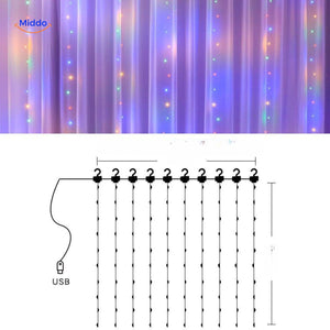 Star light effects from LED curtain creating festive home decoration.