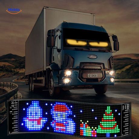 DriveFlex LED display with festive Christmas animation effects on truck.
