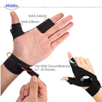 LED gloves featuring adjustable wrist band and side LED lights.