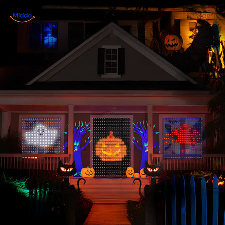Halloween-themed LED light scenes with animated effects for spooky decor.