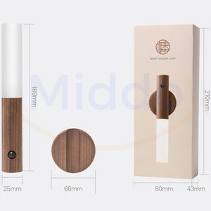 Packaging dimensions and size specifications for motion-activated LED lamp.