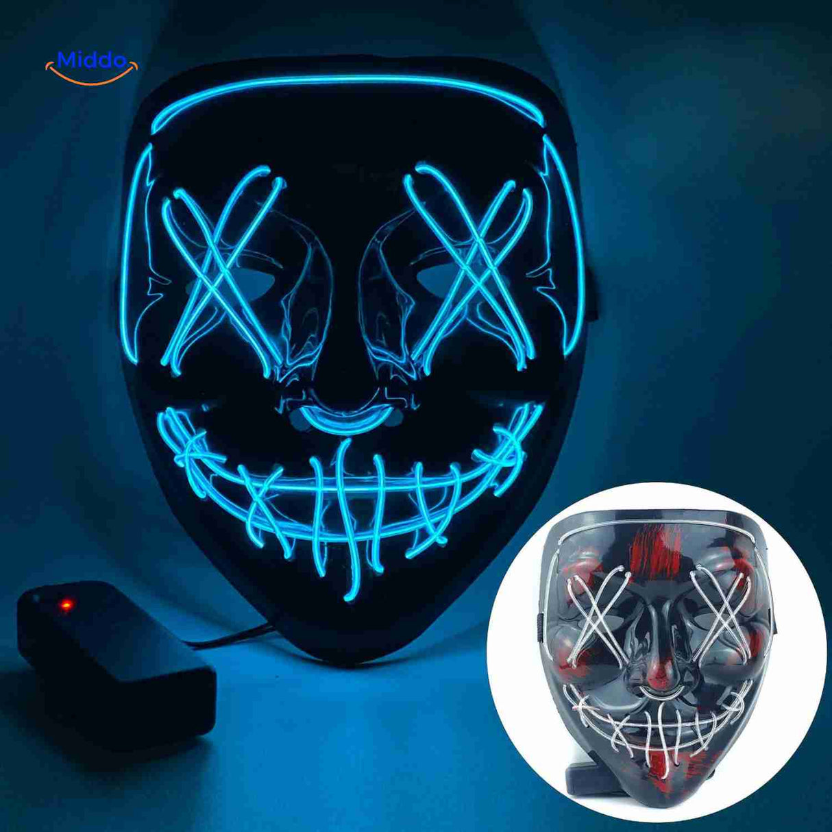 Light-up mask with cool blue LED glow for modern costume and party looks.